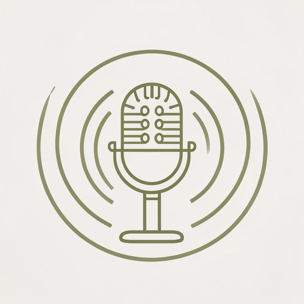 A simple line-art microphone icon with circular sound waves in muted olive green, representing the podcast.